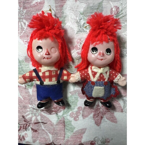 Vtg Raggedy Ann & Andy Style Set Of 2 Rag Doll Ornaments Japan Plastic Yarn Doll - Picture 3 of 8